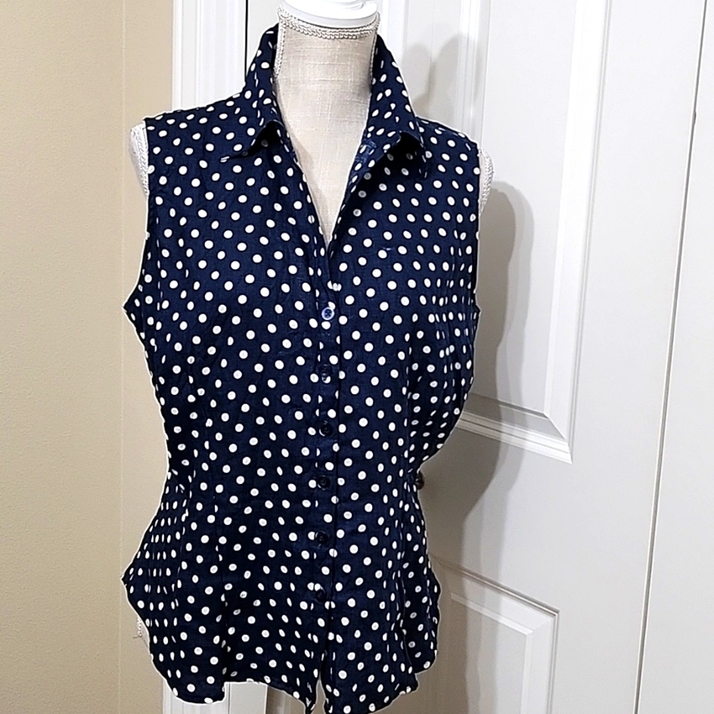 Saint Tropez West Navy Blue and White Polka Dot Sleeveless Button-Down Top